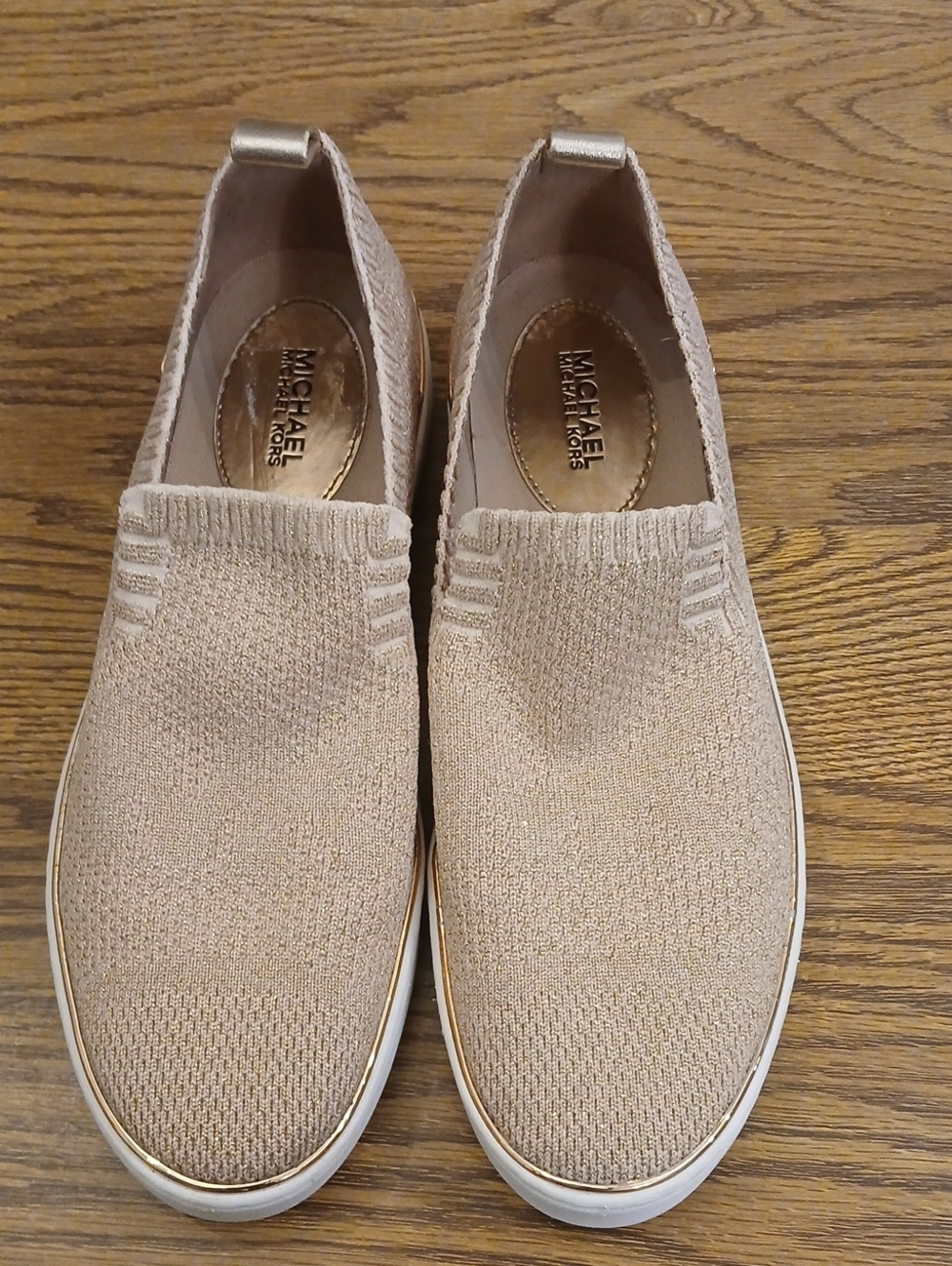 Michael Kors Pale Pink Slip On Knit Sneakers with Gold Accents